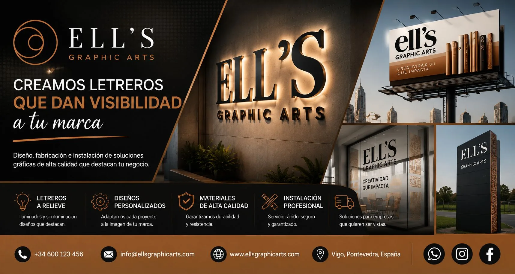 Banner principal de Ells Graphic Arts con letreros, vallas y rotulación